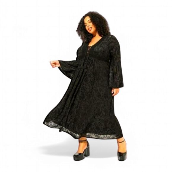 TORRID Black Sexy Lace Burnout Velvet Bell Sleeve MAXI Dress Plus Size 2X - Picture 1 of 16